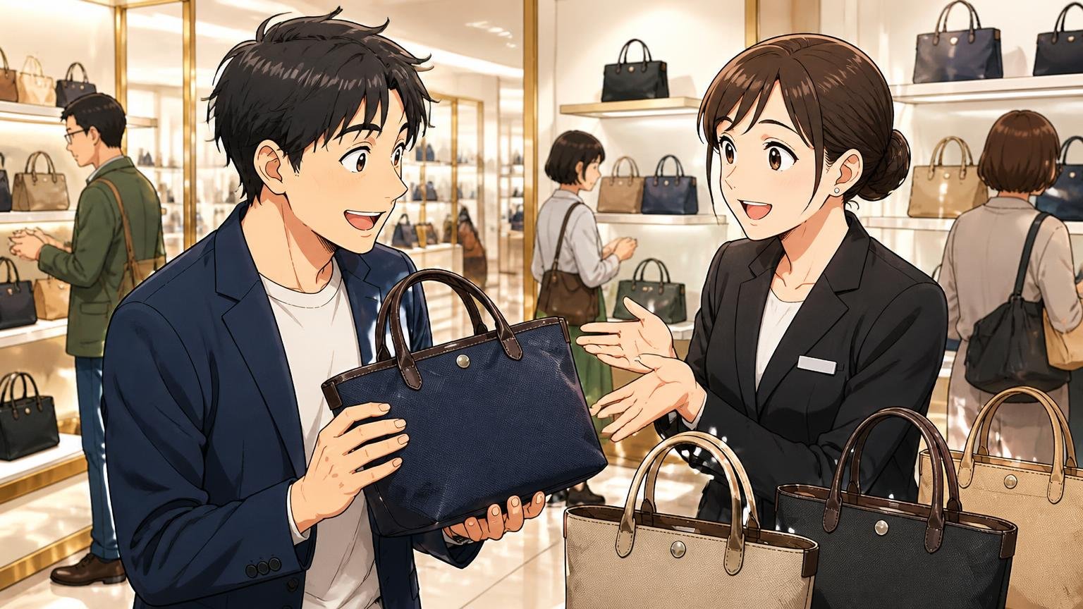 向いている人：軽さ・手の届く価格・百貨店ブランドの安心感を重視する人 百貨店の売り場で店員とバッグを選ぶ場面 30代男性と女性店員の2人が楽しそうに話す