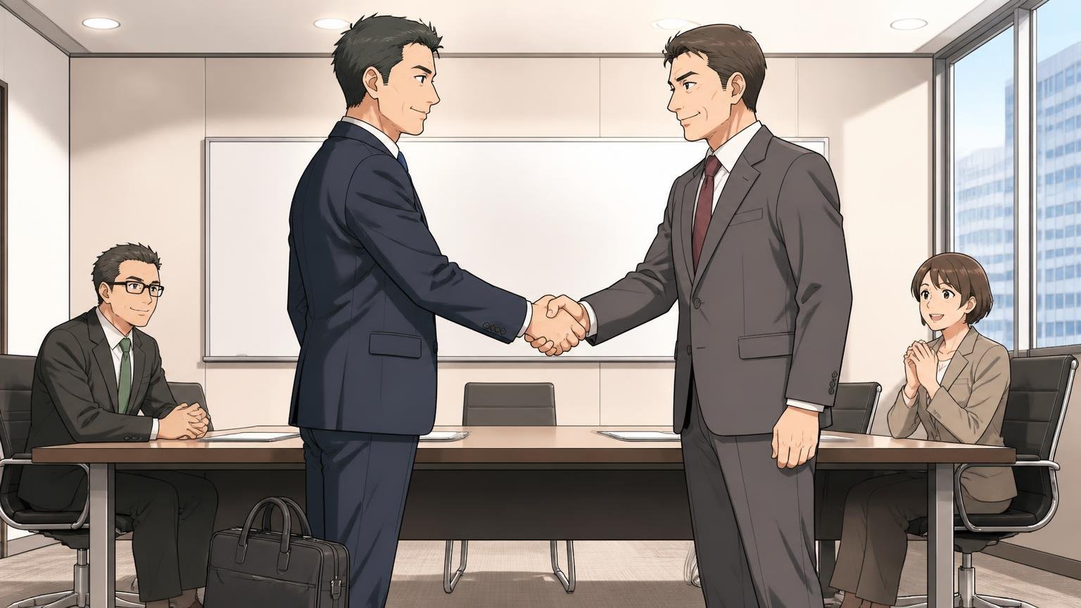 ロゴやリボンで目立たず、落ち着いて見せたい40代、商談の会議室で無地のバッグを足元に置き取引先と握手する男性2人の場面