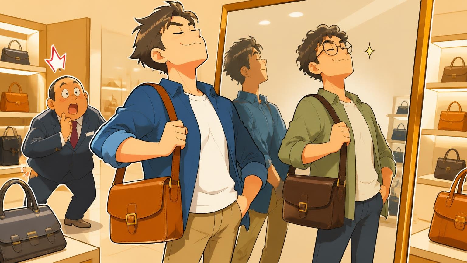 店舗で買うのが向いている人・向いていない人 百貨店の売り場で革バッグを肩にかける男性2人が鏡の前で胸を張る場面