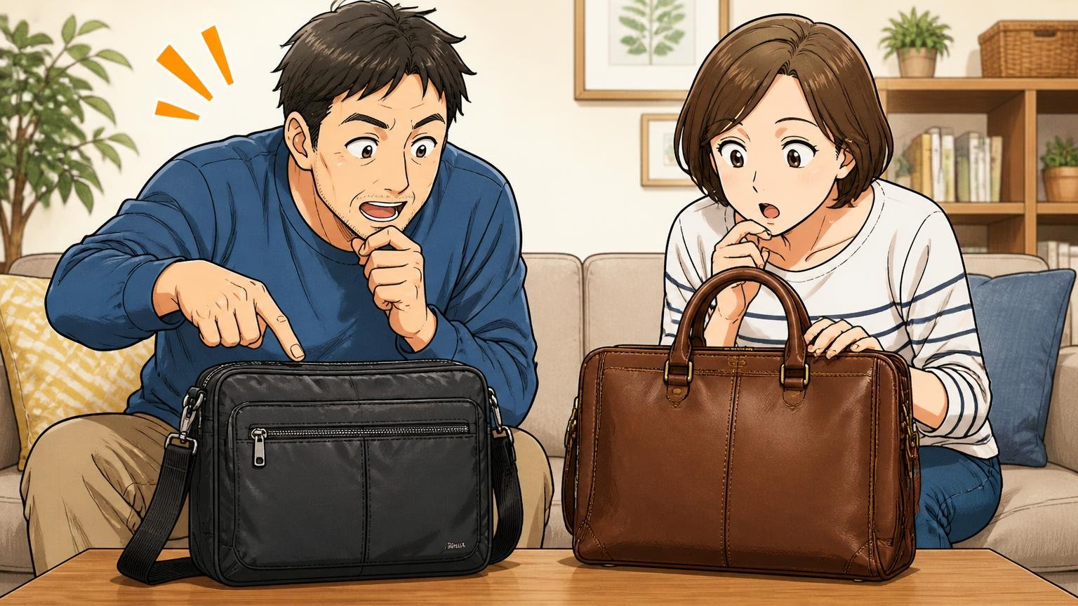 同じ4〜5万円台なら「ナイロンの機能」か「革の質感」かを先に決める 自宅のリビングで40代夫婦がナイロンと革のバッグを並べて見比べる場面