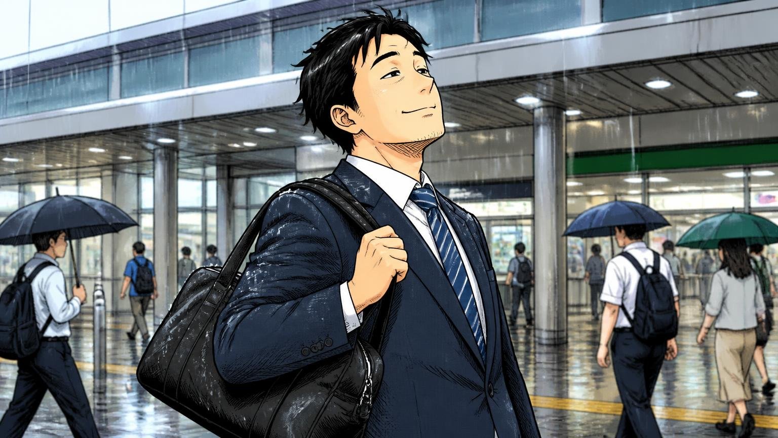向いている人|出張・移動・雨が多く、軽さと収納を最優先したい 雨の日の駅前で濡れたナイロンバッグを平気な顔で肩にかける会社員の場面、1人
