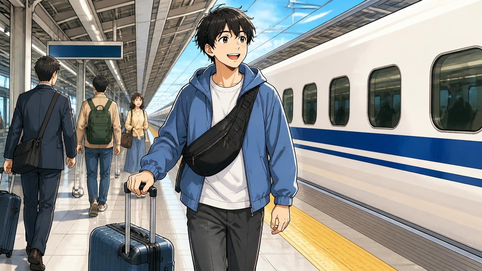 向いている人｜軽さ・雨・旅行・サブバッグを優先したい人 新幹線のホームでスーツケースとボディバッグを身につけ笑顔で歩く男性1人の場面