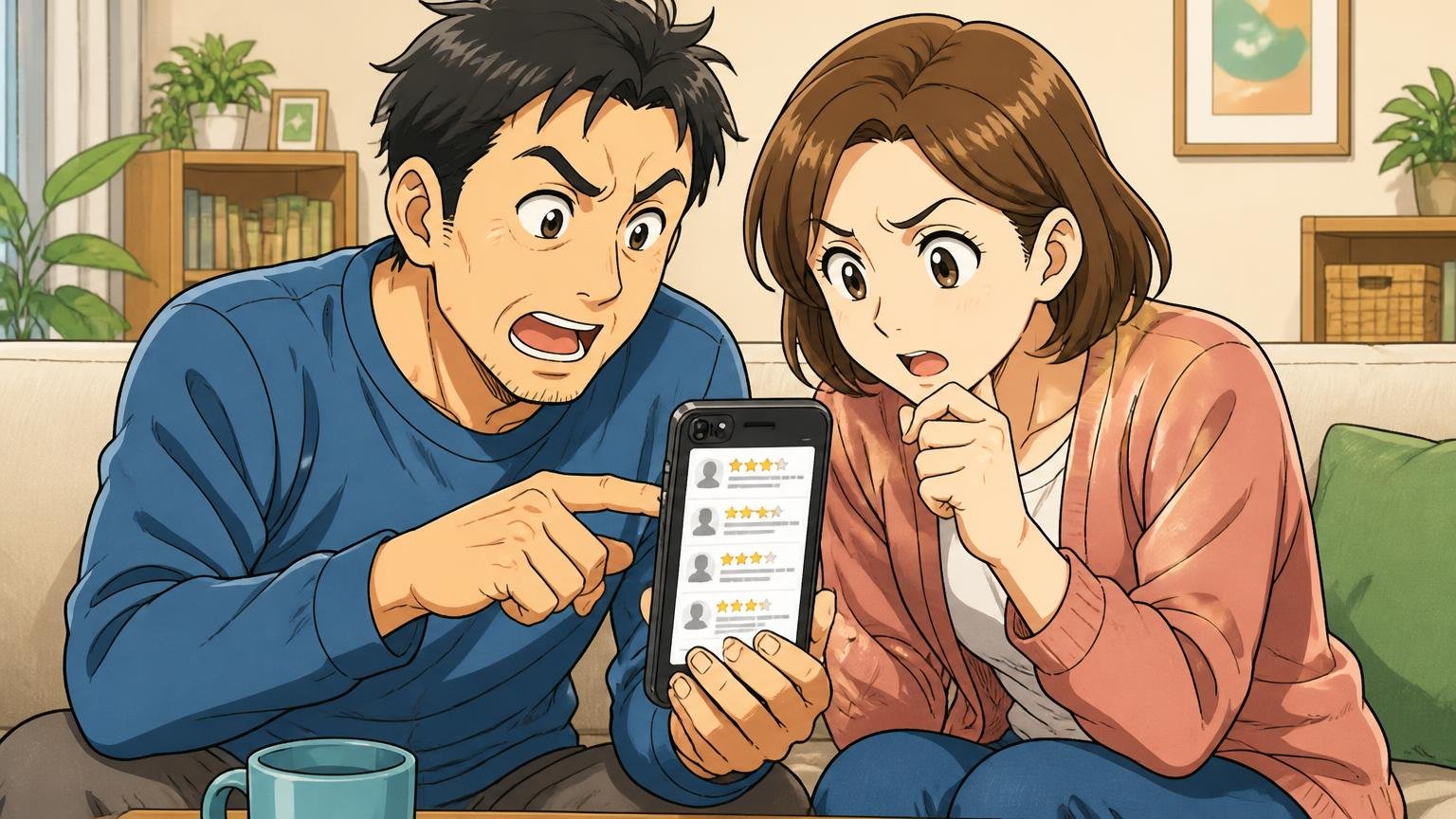 「何年使った人の声か」を見る。自宅のリビングでスマホのレビュー画面を指差しながら夫婦2人が真剣に話し合う場面