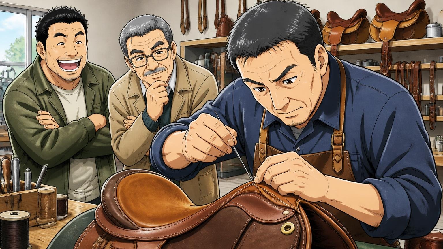 1964年創業の馬具メーカー。北海道の工房で職人が馬の鞍に革を縫い付ける姿を見守る男性2人