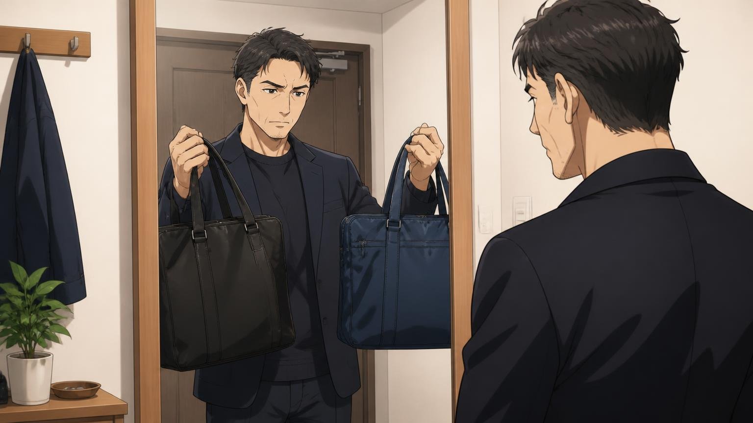 色は黒かネイビーを選び、服装のトーンをそろえる、玄関の姿見の前で黒とネイビーのバッグを持ち比べる40代男性1人が真剣な顔で見比べる場面