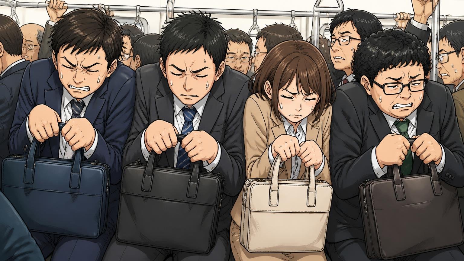 向いている人|軽さ・2WAY・PC収納を最優先する電車通勤派 満員電車で2WAYバッグを手提げにする会社員4人が身を縮める場面