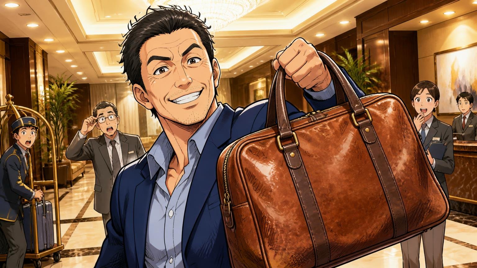 向いている人 出張先のホテルのロビーで40代男性が使い込んだ革バッグを誇らしげに持つ場面