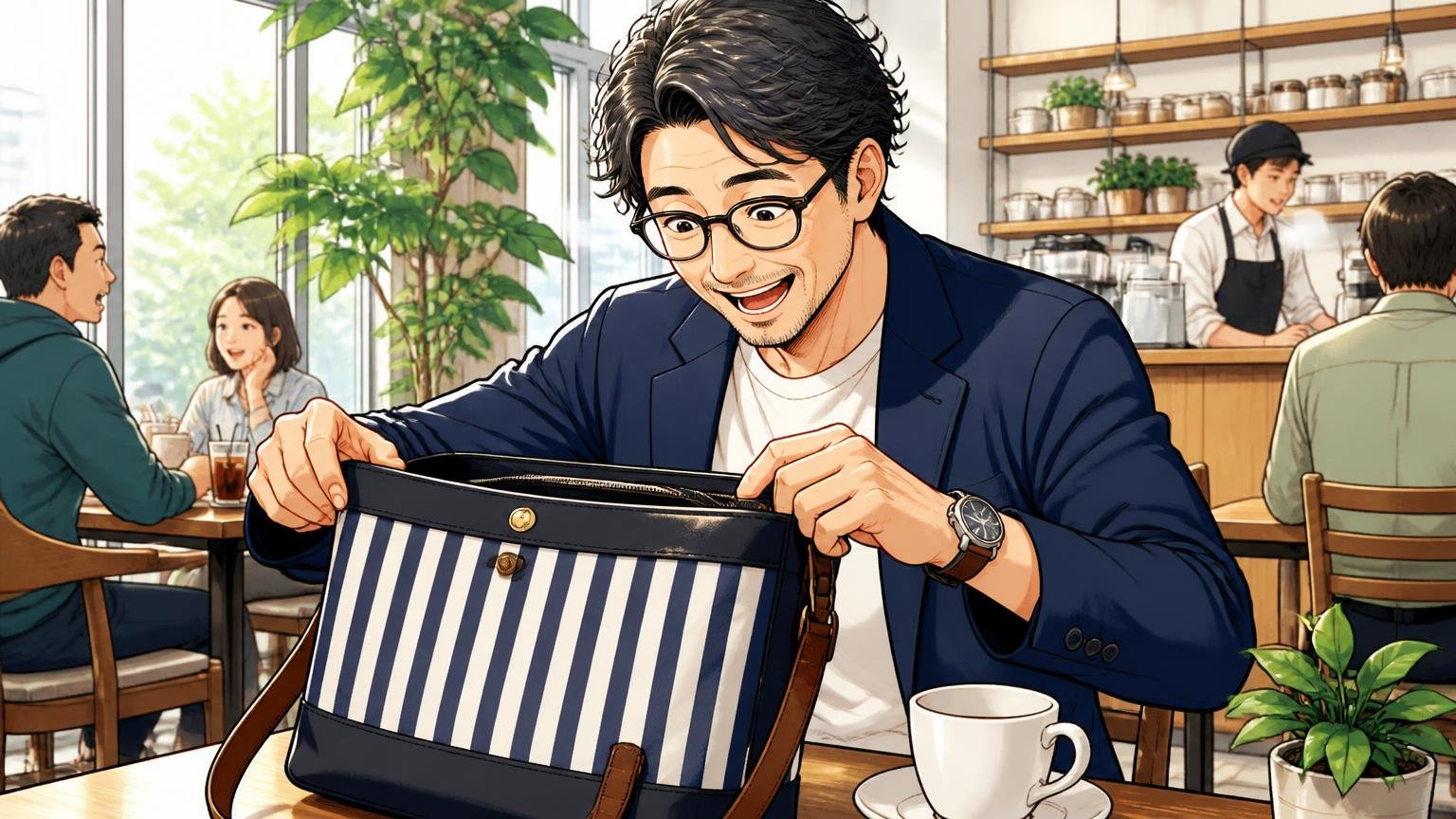 向いている人：デザインの遊び心と軽さ、分かりやすいブランドを楽しみたい人　休日のカフェで40代男性がストライプの見えるバッグを開けて楽しそうに笑う場面