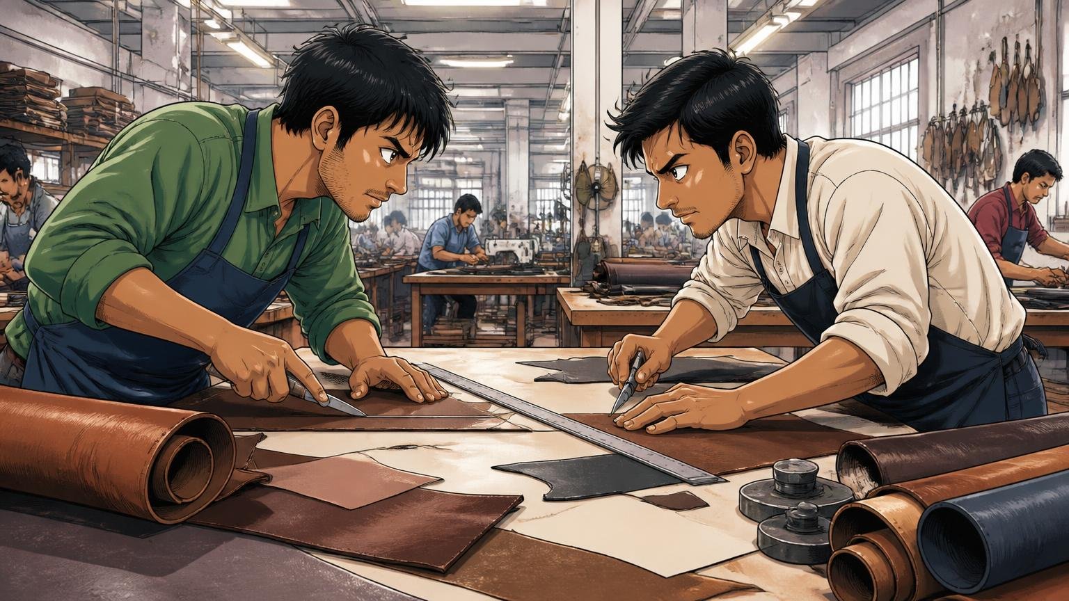 2006年創業、バングラデシュの自社工場でつくるブランド、工場の作業台で職人2人が革を裁断し真剣に見つめ合う場面