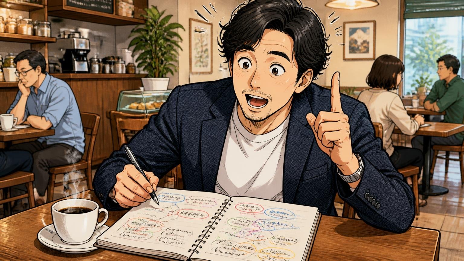 悪い口コミの多くは、愛用者の“場面の話”だった カフェでノートに口コミを書き出して整理する40代男性1人がひらめく場面
