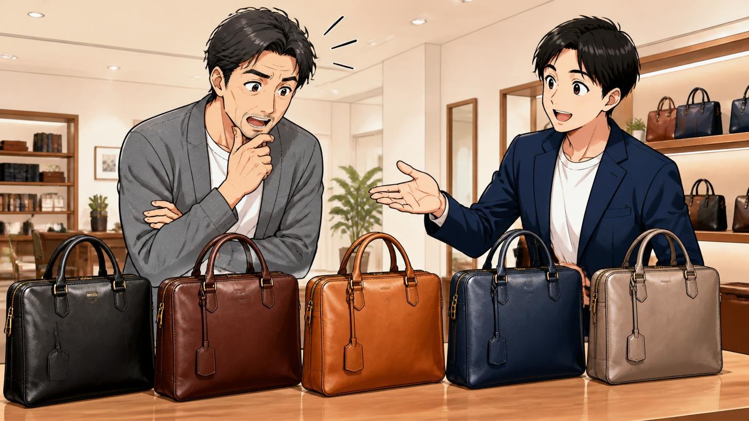 現行5型の比較表、37,400円〜53,900円。ショールームのテーブルに5つの革バッグを並べて見比べる40代男性と店員の場面