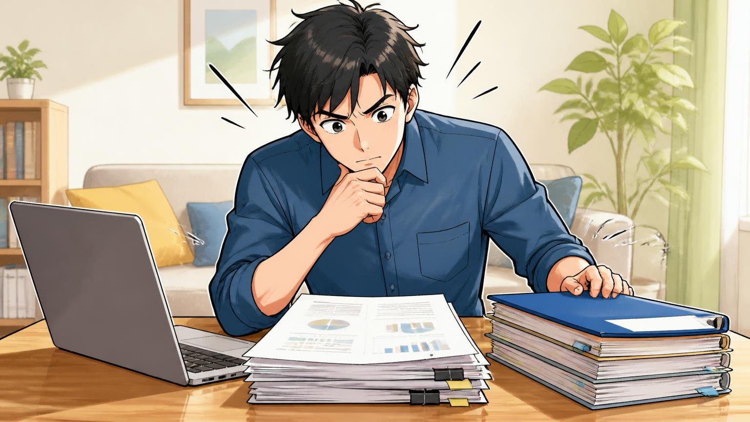 STEP1:通勤・出張・休日のどれで使うかを決め、PCと書類の量を測る 自宅のリビングでPCと書類を机に並べる男性1人
