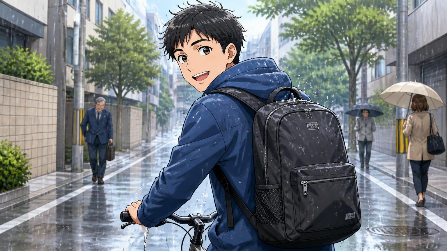 向いている人：軽さ・雨への強さ・仕分け・価格を優先したい人 雨の朝に撥水リュックを背負い自転車で通勤する笑顔の男性1人