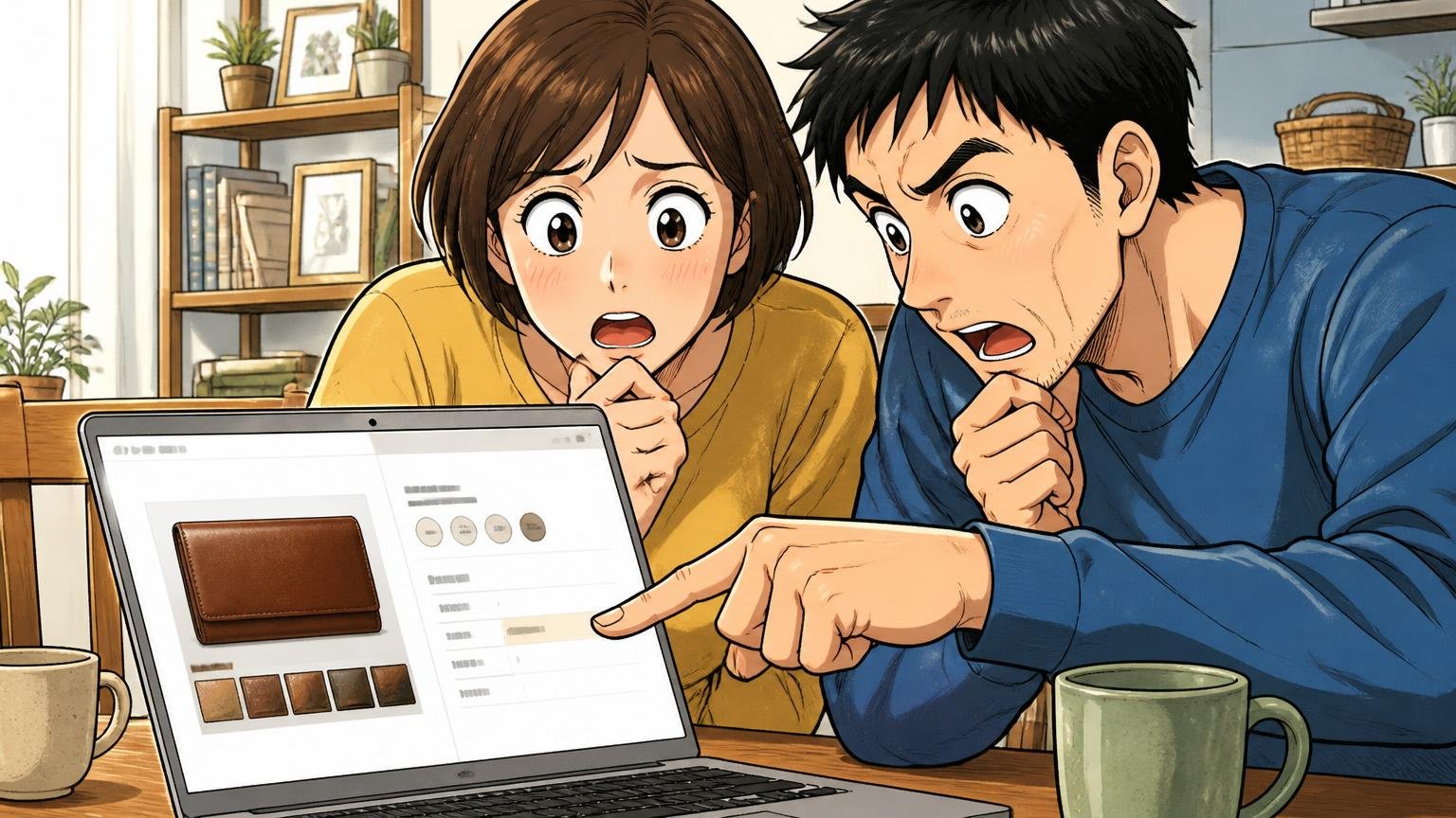 革の種類と素材表記を商品ページで確かめる、自宅のダイニングでノートPCの素材欄を指さして相談する夫婦2人