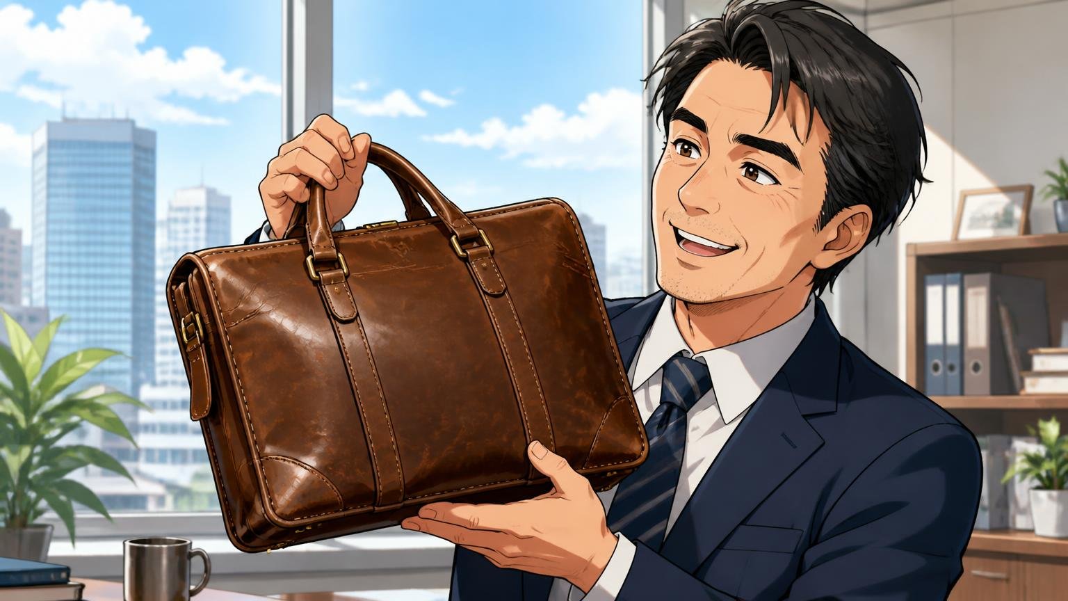 革のビジネスバッグが向いている人の特徴、朝のオフィスの窓際で40代男性1人が使い込んだ革のビジネスバッグを手に誇らしげに笑う場面