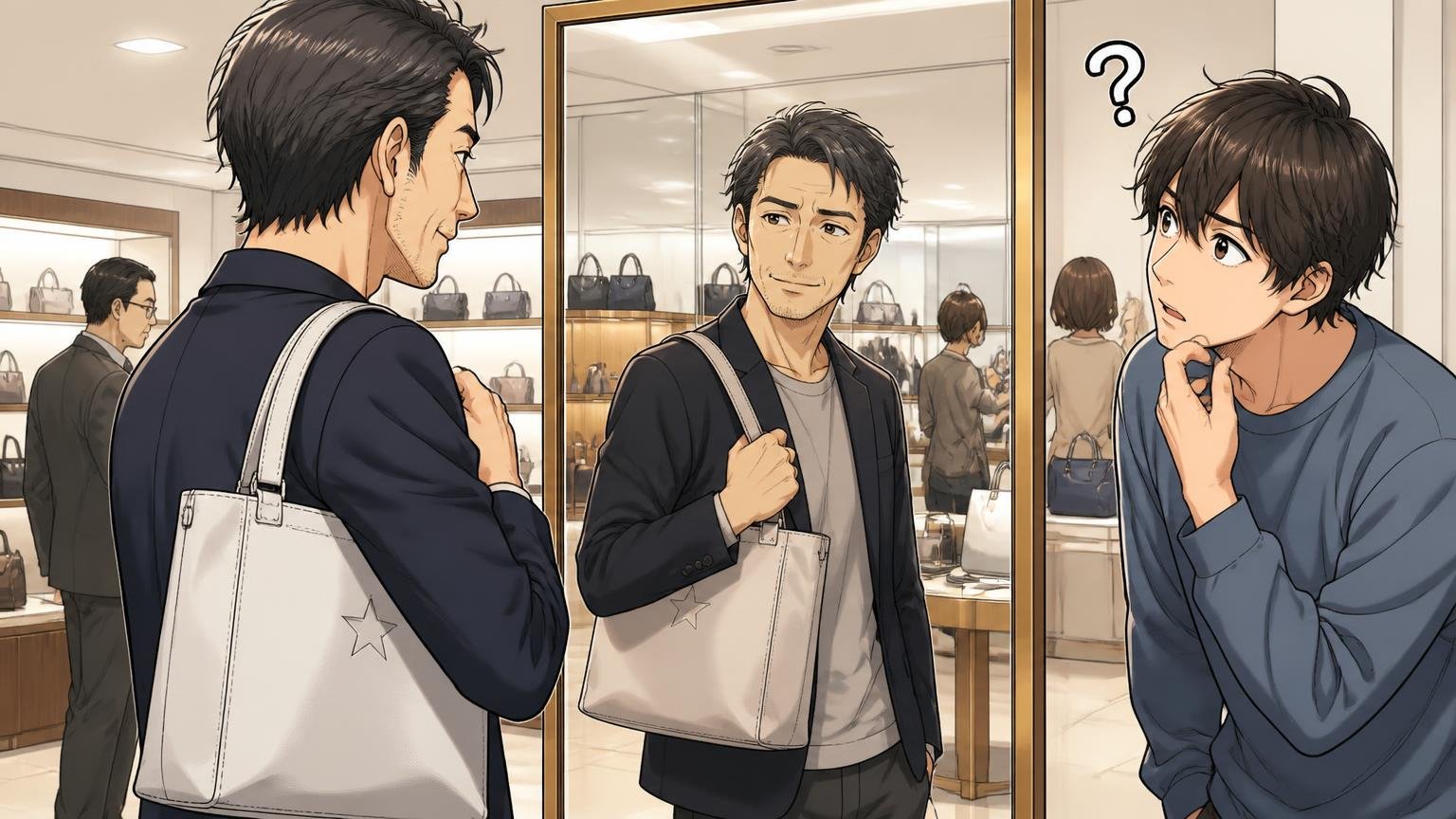 ホワイトスターは控えめ、だからこそ好みが分かれる。百貨店の鏡の前で40代男性がバッグを持ち、20代男性が首をかしげる場面