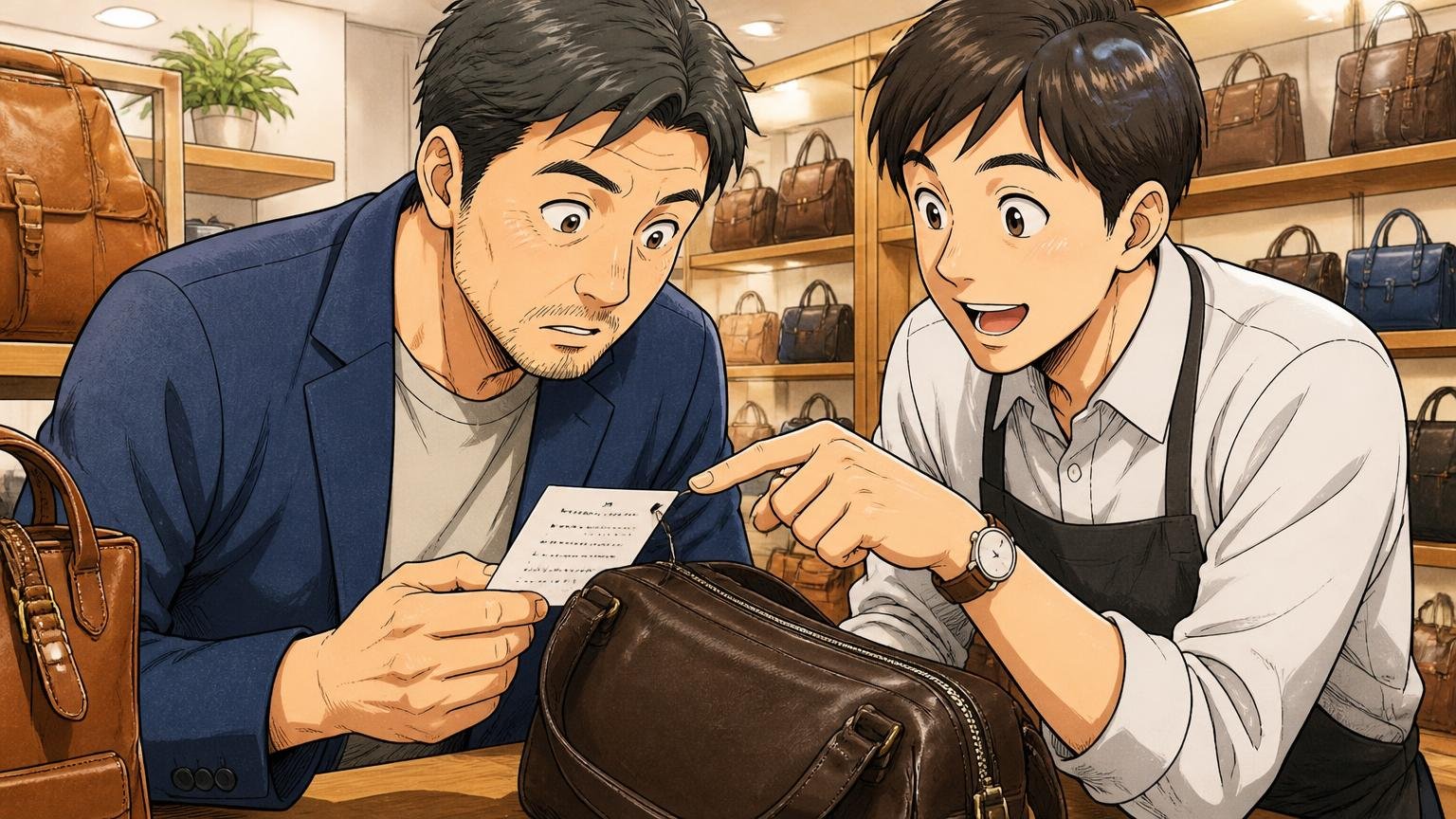 「本革」「レザー」の表示ルールを知っておく 革製品店のカウンターで40代男性が店員と一緒にバッグの品質表示タグを確かめる場面