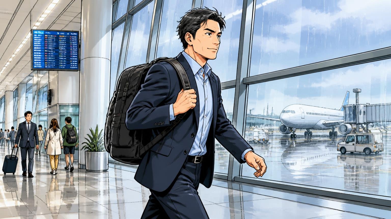 向いている人:出張・雨の日・機能と軽さを優先したい人 空港のロビーでリュックを背負い颯爽と歩く40代男性1人