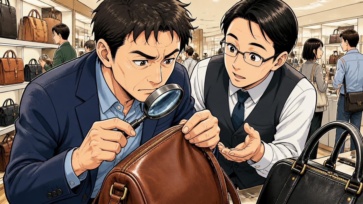 値札の「本革」より、革の種類・生産国・縫製を確かめる 百貨店の鞄売り場で革の縫い目を虫眼鏡で確かめる40代男性と店員の2人