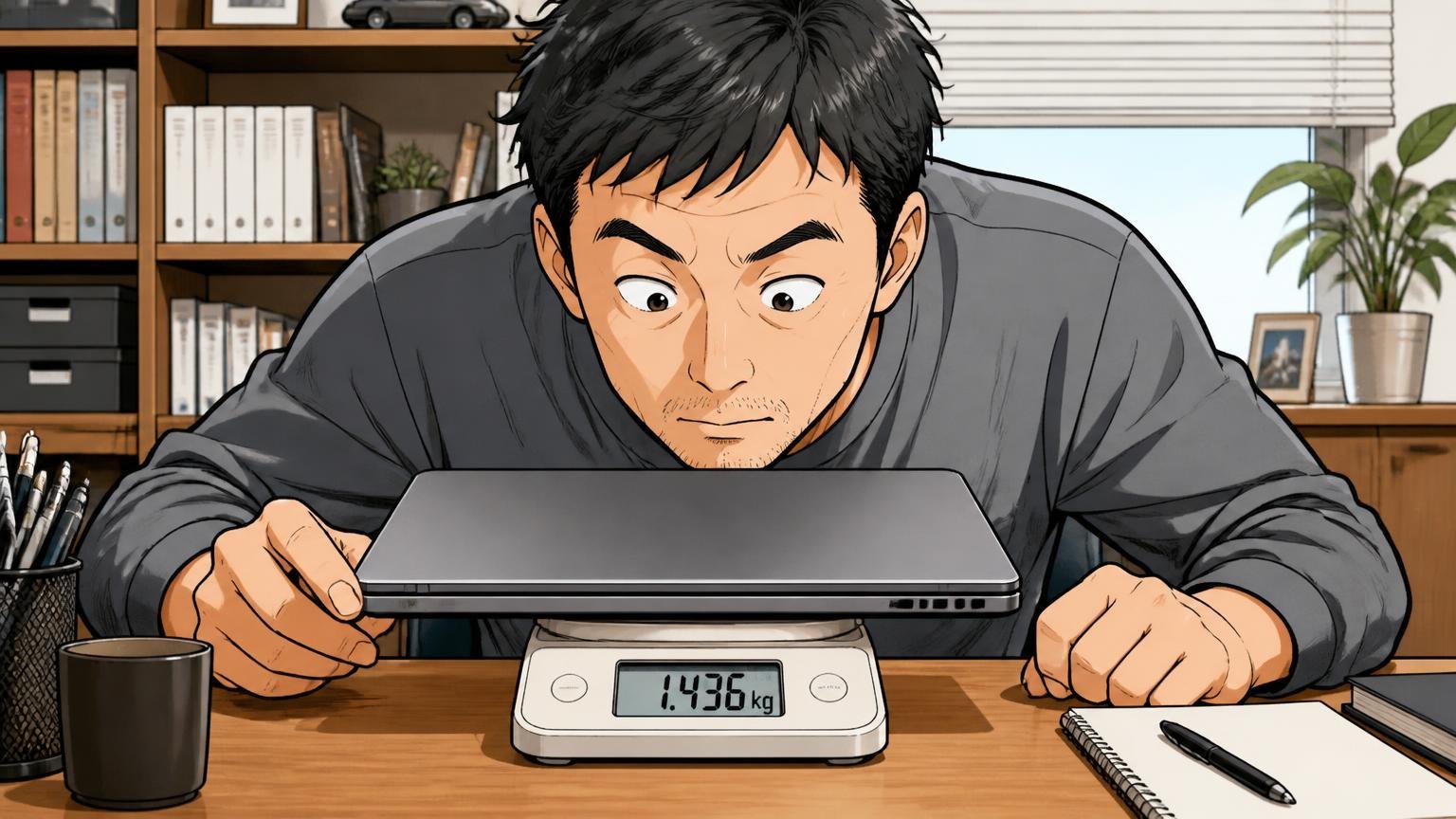 まず自分のPCのサイズと重さを確かめる 自宅の書斎でノートPCをキッチンスケールに載せて重さを量る場面、40代男性1人、数字をのぞき込む
