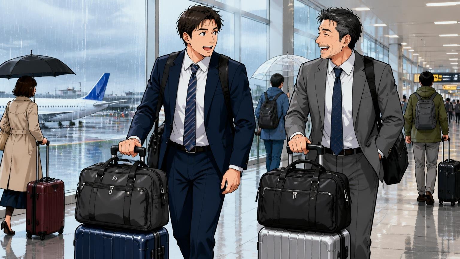 向いている人：雨の日・出張・休日に気兼ねなく使いたい人。雨の空港ロビーでスーツケースの上にバッグを載せて歩く30代男性と40代男性2人の場面