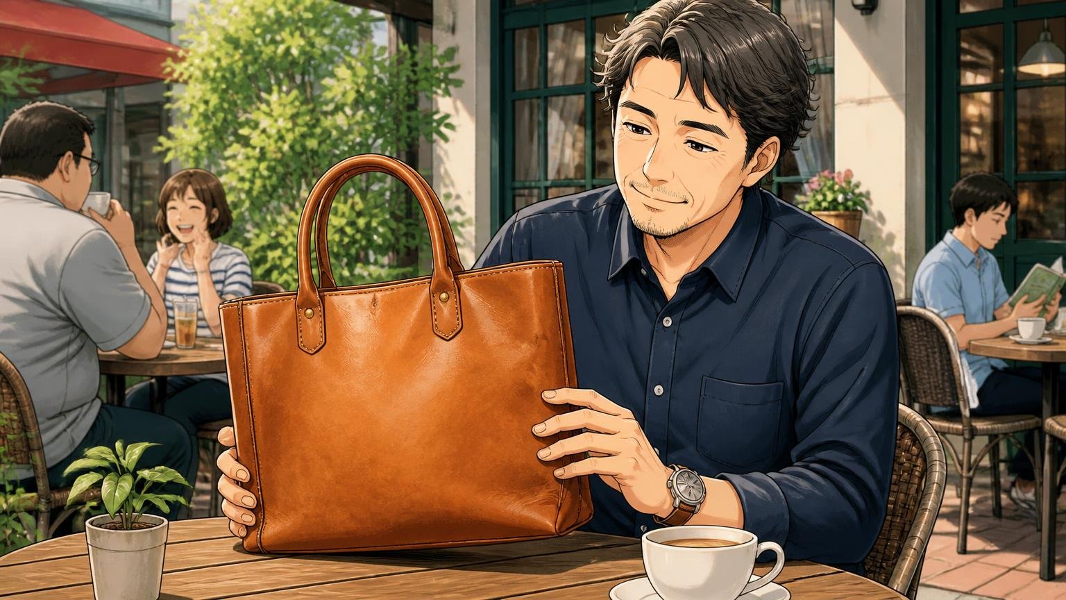 向いている人は「10万円以上の予算で革を育てる時間を楽しめる人」、休日のカフェのテラス席で飴色に育った革トートを眺める40代男性が穏やかに微笑む場面