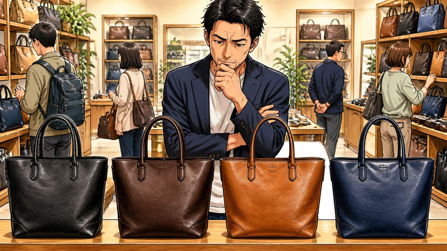 主要4モデルの価格・重さ・サイズを比較 ショップの棚の前で4つの革トートを並べて見比べる場面 40代男性1人 腕を組んで考え込む