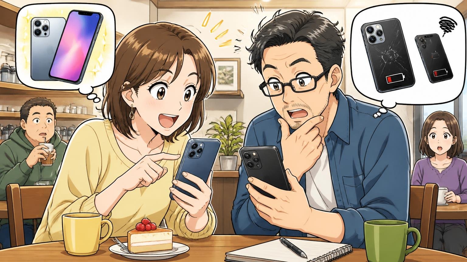 買った直後の期待と1〜2年使った実感を分けて読む、カフェで30代女性と40代男性がスマホの口コミを並べて比べ合う場面