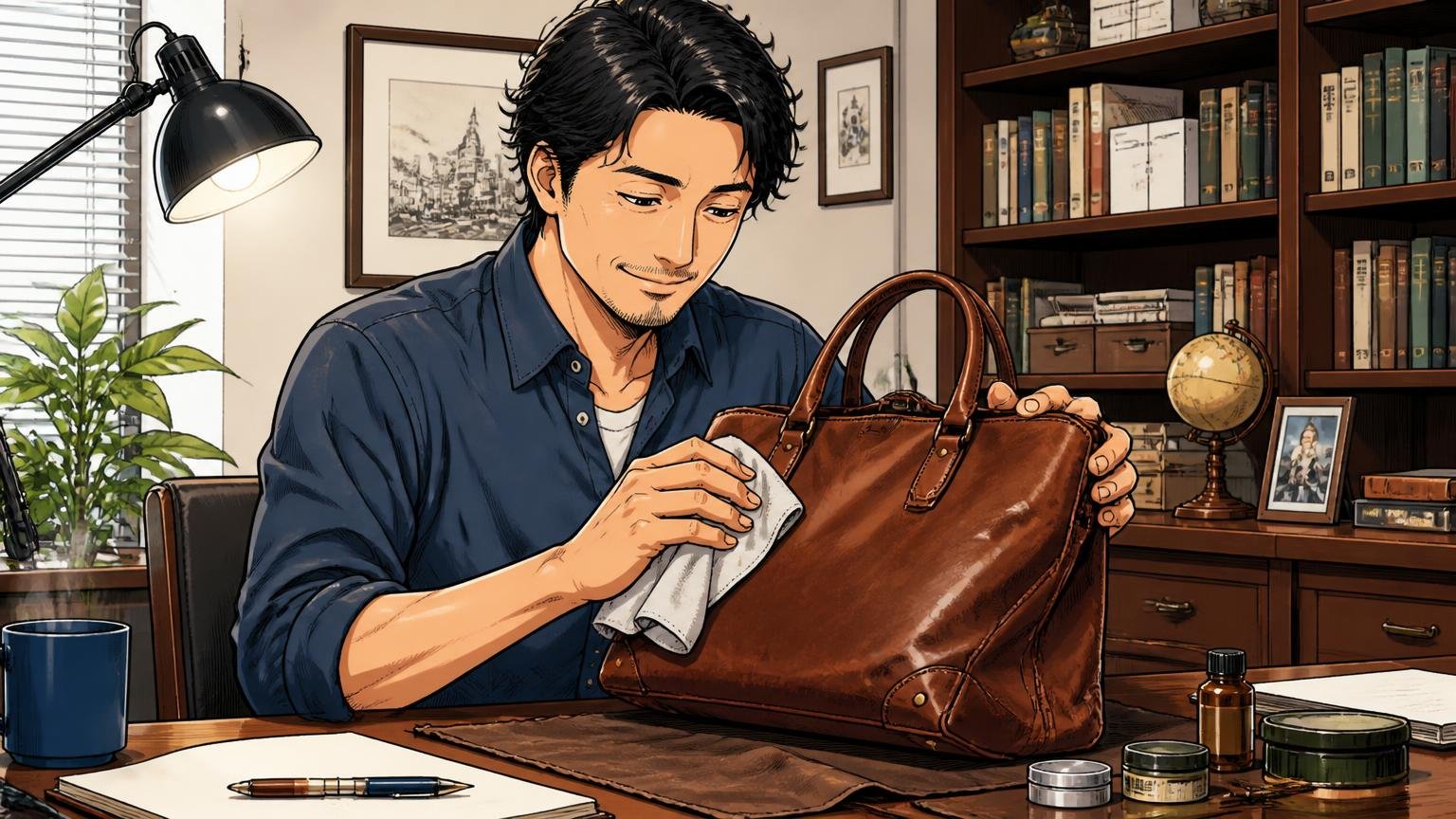 向いている人は長く付き合いたい人 書斎で使い込んだ革トートを手入れしながら微笑む40代男性1人