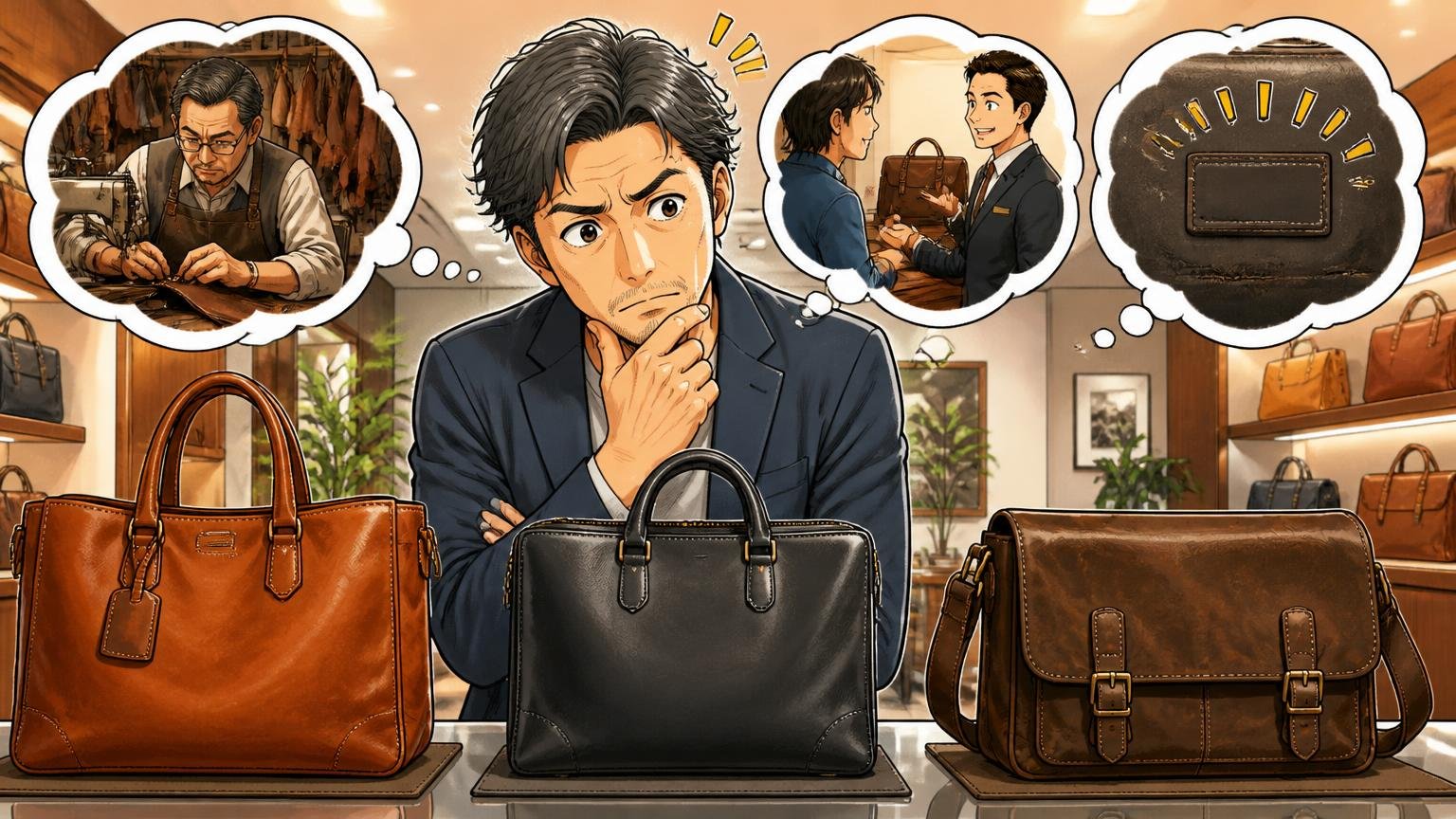比べるのは「誰が・どこで仕立てたか」「修理の窓口」「ロゴの主張」の3つ 革製品のショールームで3つの革のバッグを並べて見比べる40代男性1人