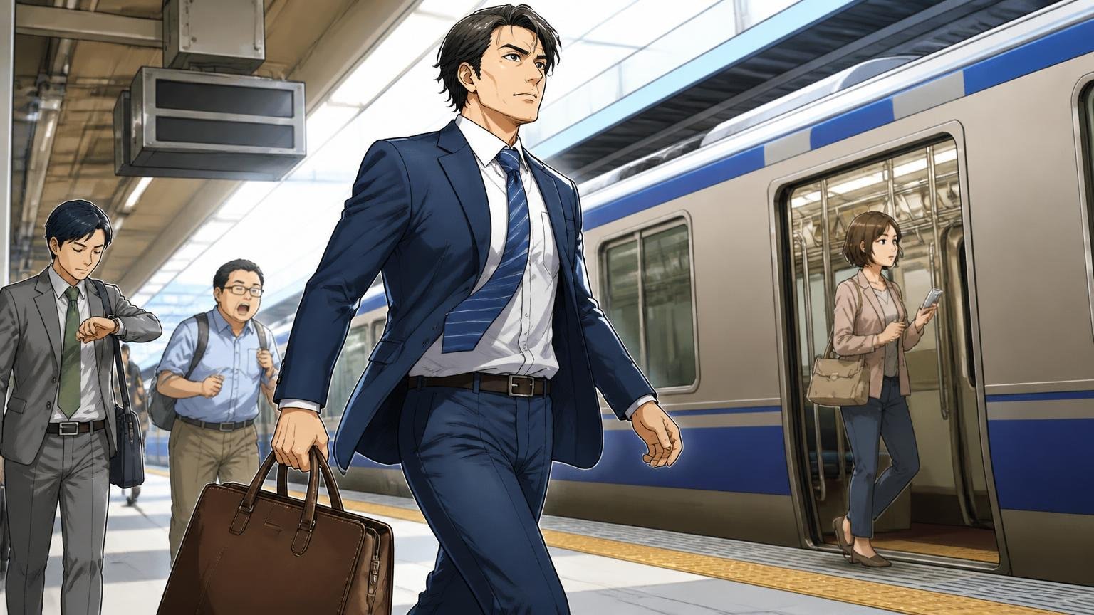 通勤派ならHM-TTか06N-TTM　朝の駅のホームで革のビジネストートを手に持つ40代男性が颯爽と歩く場面