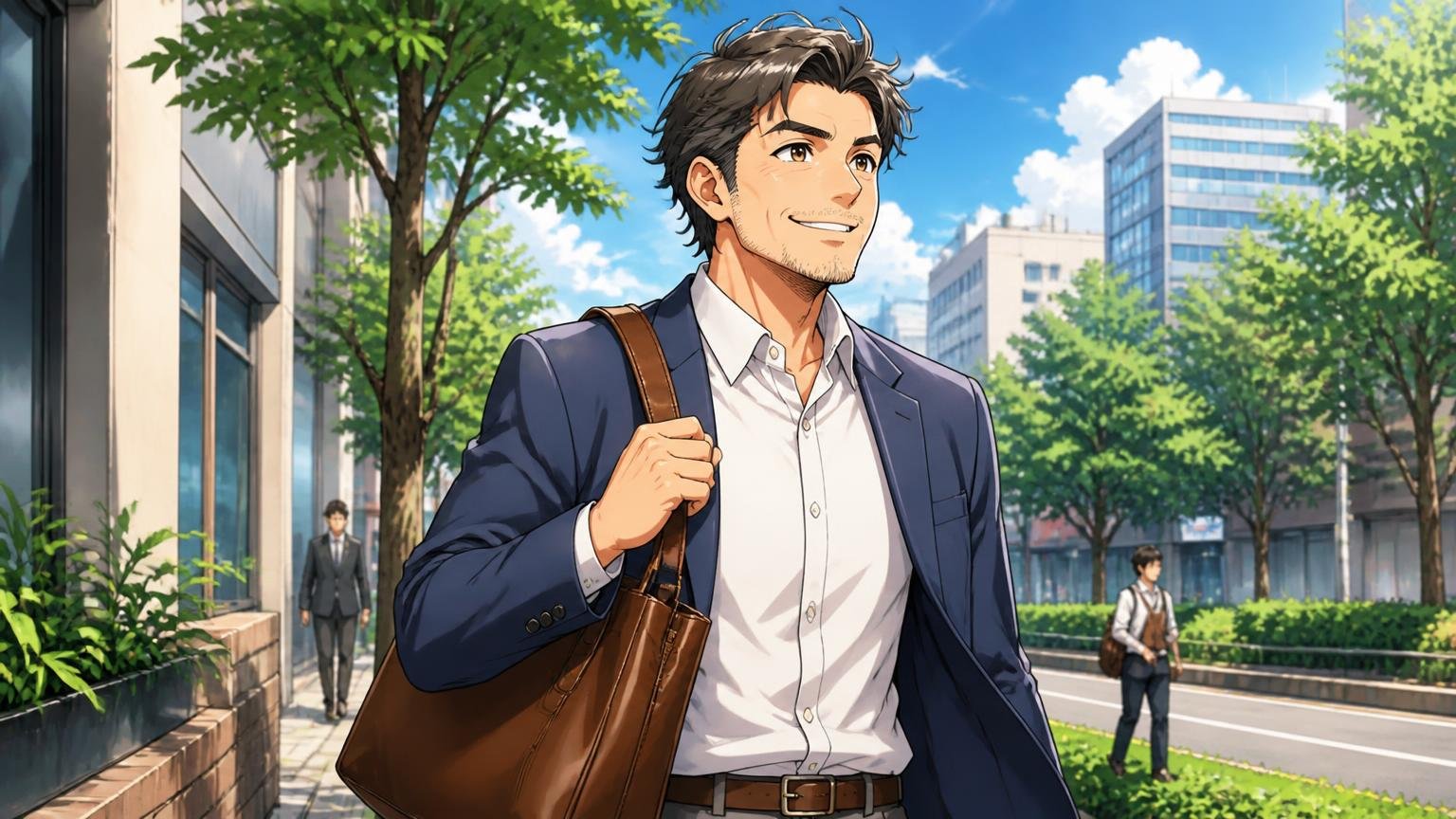 向いている人:10年単位で修理しながら使いたい40代 朝の通勤路でなじんだ革トートを肩にかけて歩く場面 40代男性1人が胸を張って笑顔で前を向く