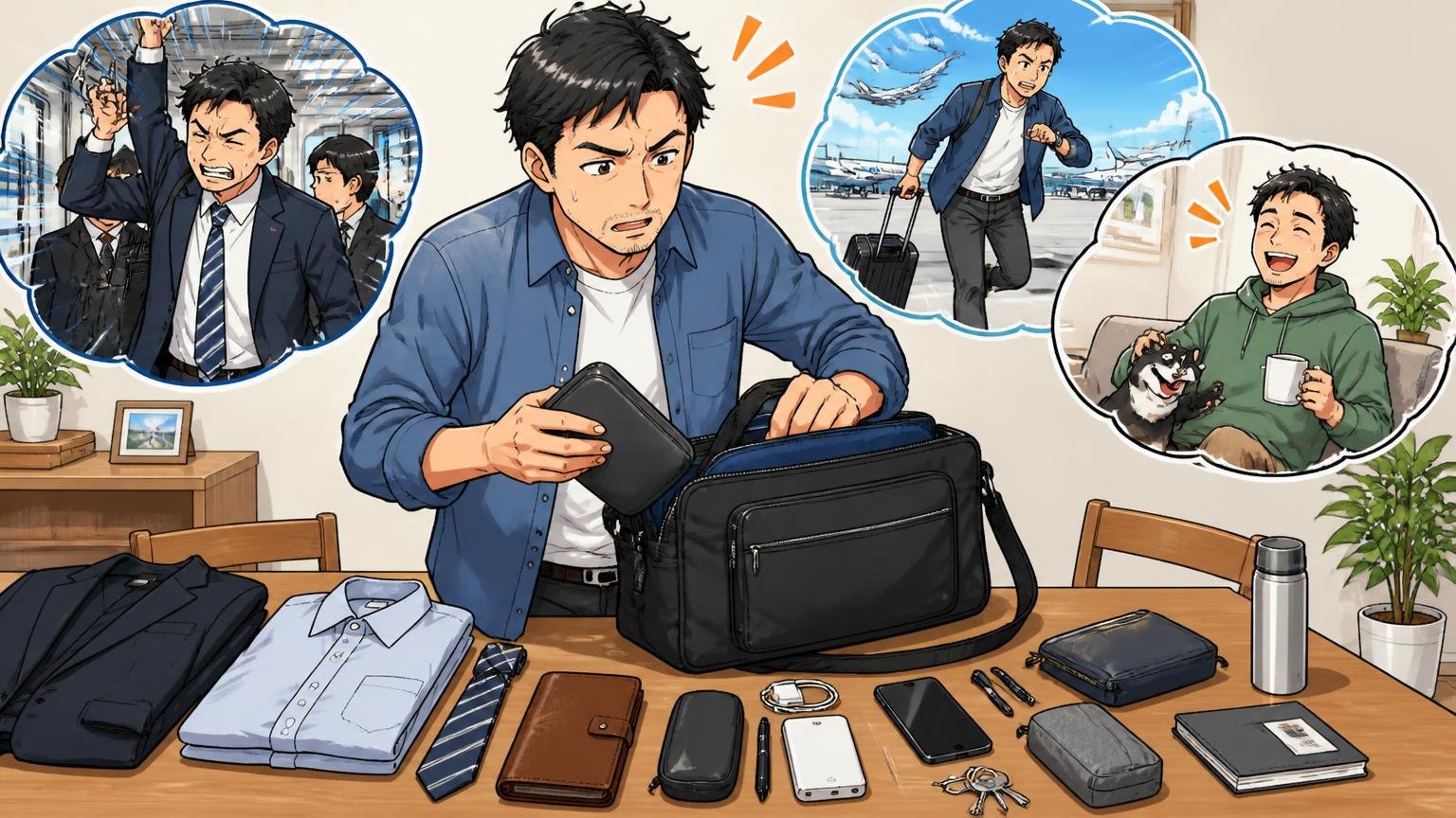 通勤・出張・休日、どの用途で使うかを先に決める、自宅のダイニングで荷物を並べバッグに入るか試す40代男性