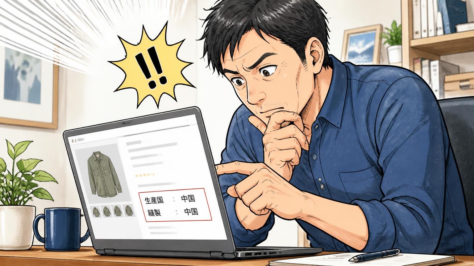 生産国と縫製を「公式ページの表記」で確認する 自宅のデスクでノートパソコンの商品ページを真剣に読む40代男性1人の場面