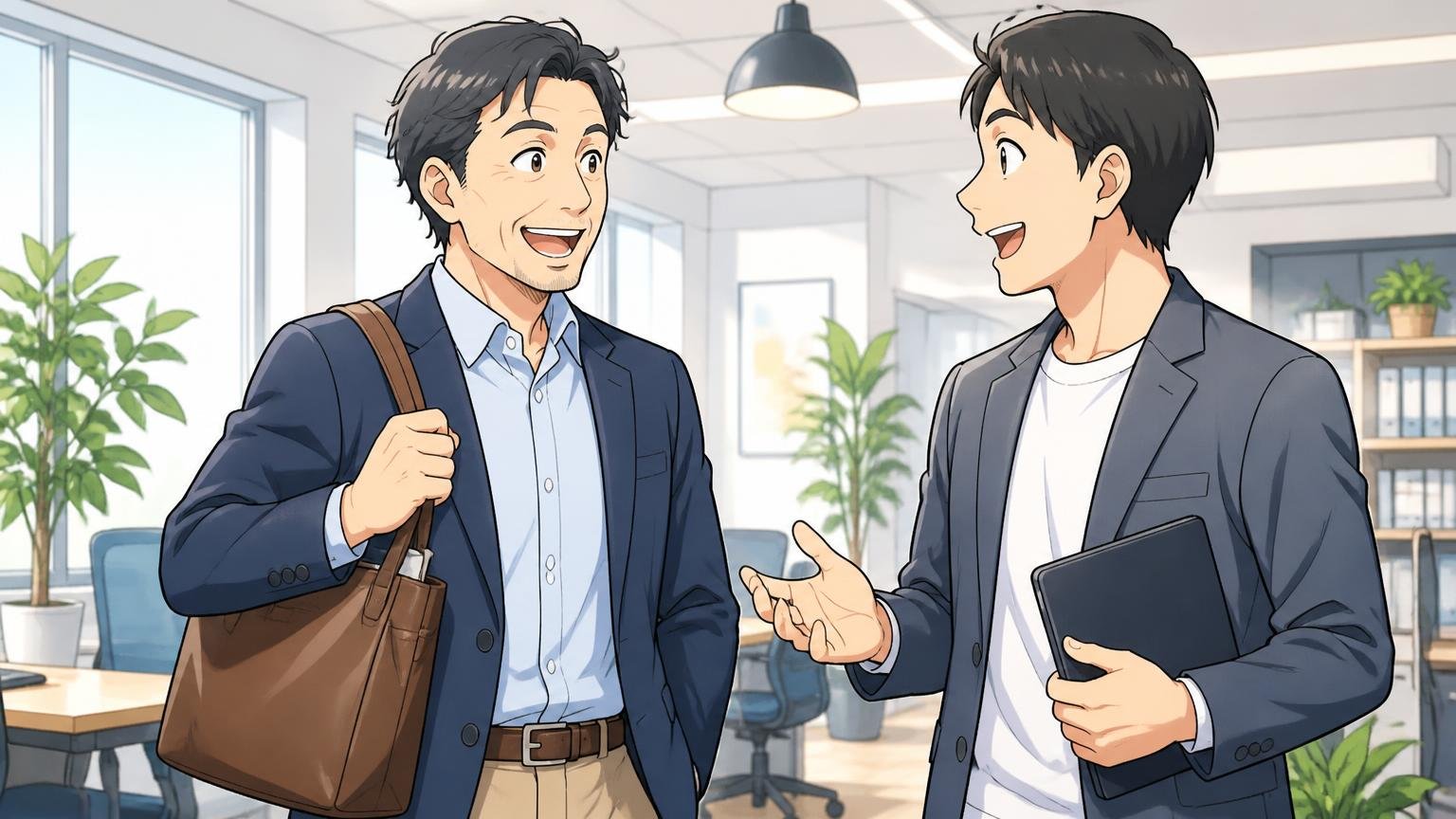 向いている人/明るいオフィスでジャケパン姿の40代男性が革トートを肩に掛け、同僚と笑顔で話す2人