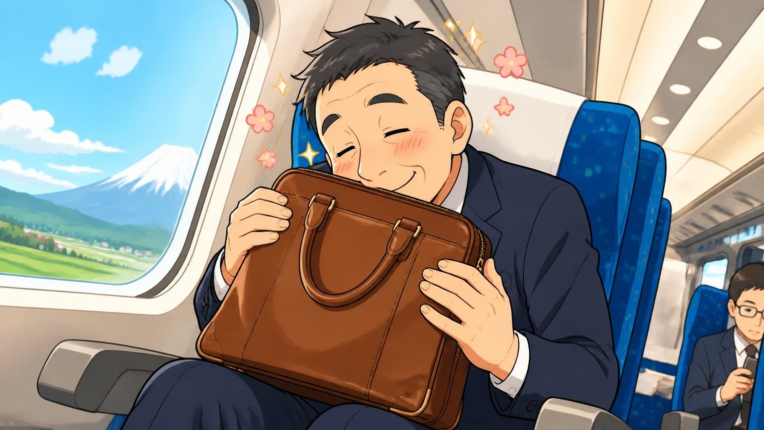 向いている人の特徴 新幹線の座席で膝の上の革のビジネスバッグを幸せそうに眺めてにおいをかぐ40代男性1人がうっとりした表情