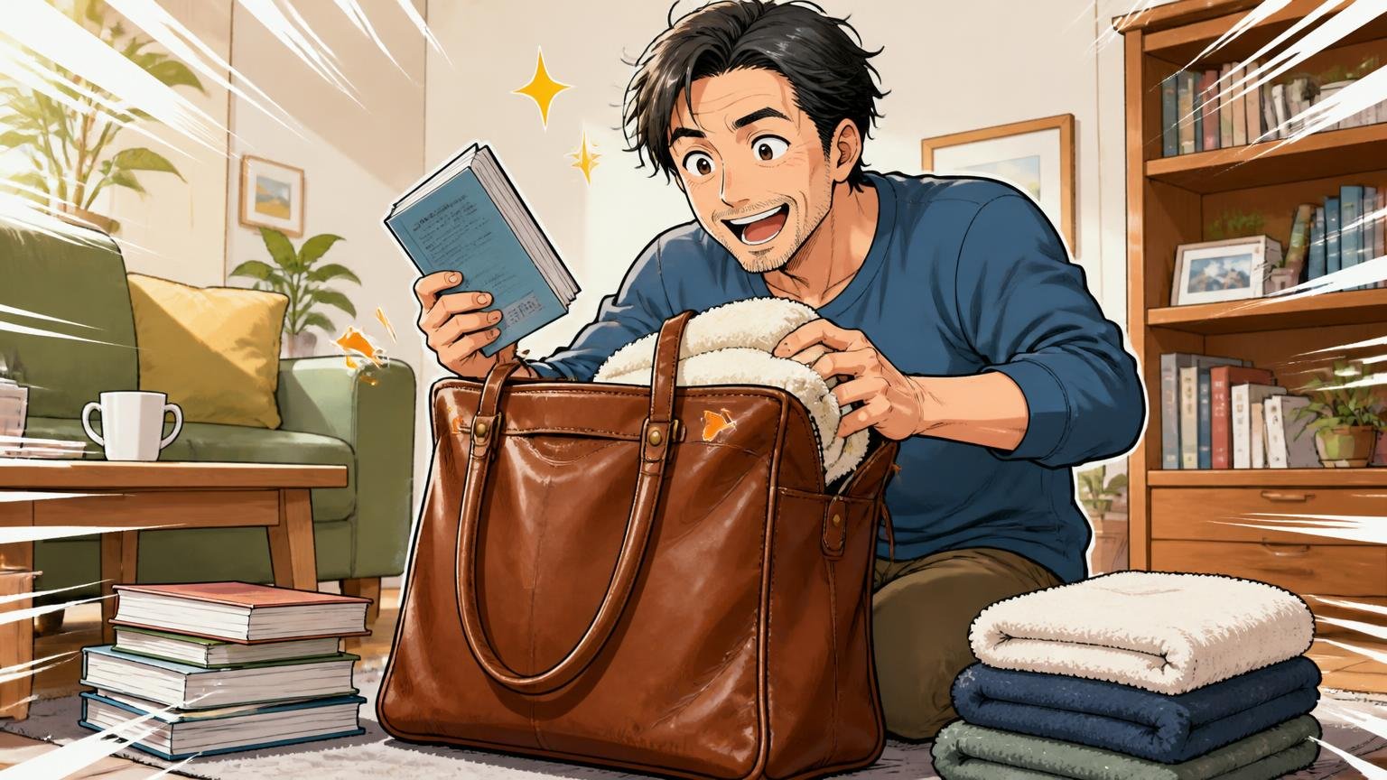 軽いへたりなら詰め物で形を整える 休日のリビングで本やタオルを詰めて革のバッグを立てる場面 40代男性1人が期待に満ちた表情