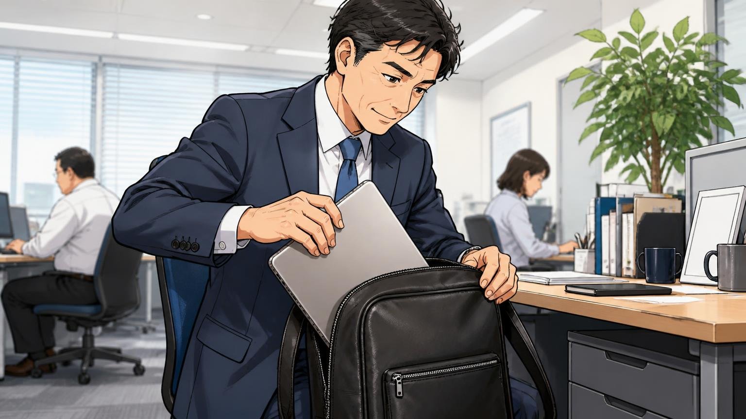 通勤・ビジネスなら薄マチのALFAとPANELが候補、オフィスのデスク脇に置いた革リュックからノートPCを取り出す40代男性1人がテキパキと準備する場面