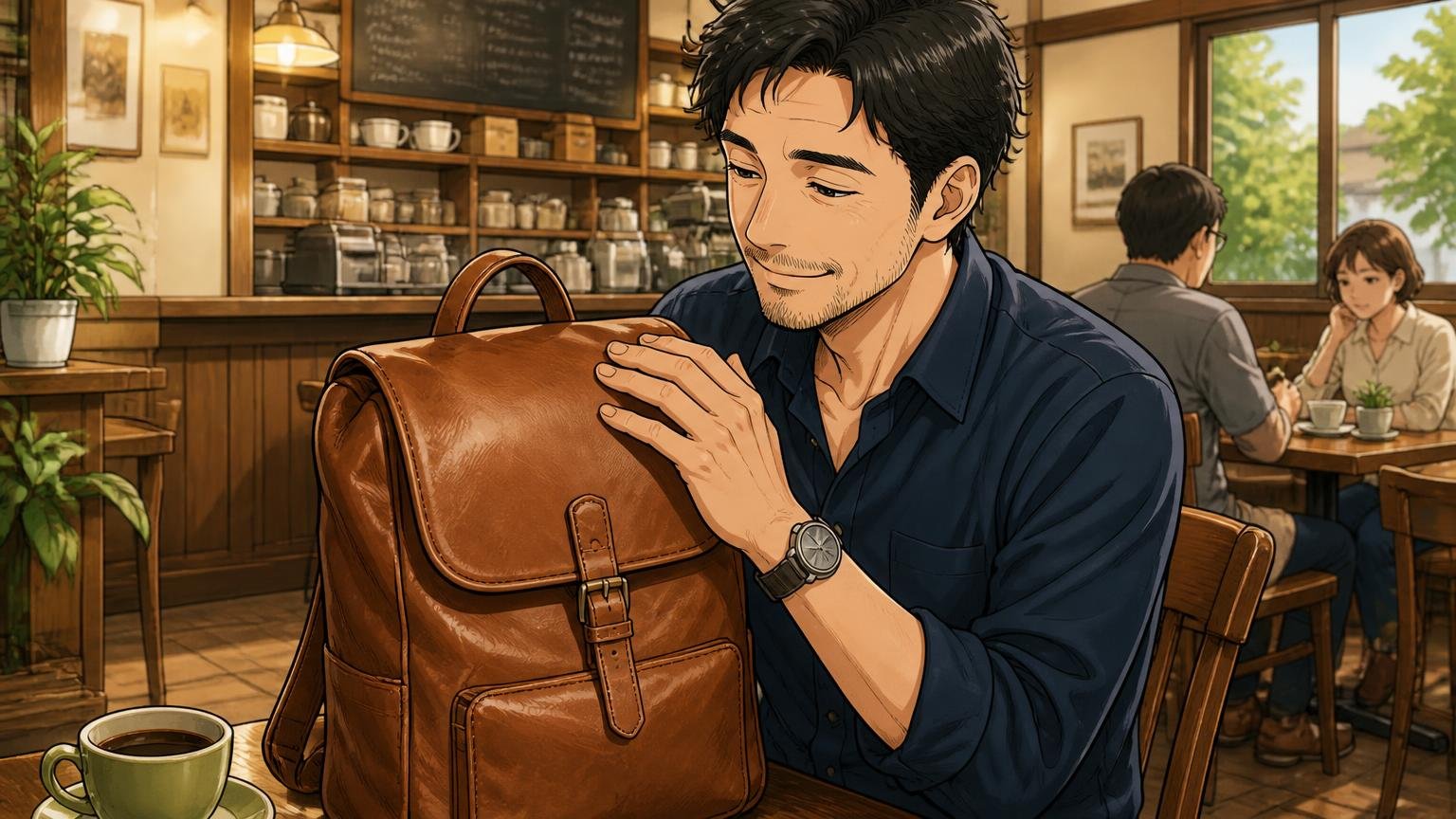 向いている人：ロゴに頼らない上質な革を、手入れしながら長く育てたい人 休日のカフェで革リュックを撫でる40代男性1人が満足げな場面