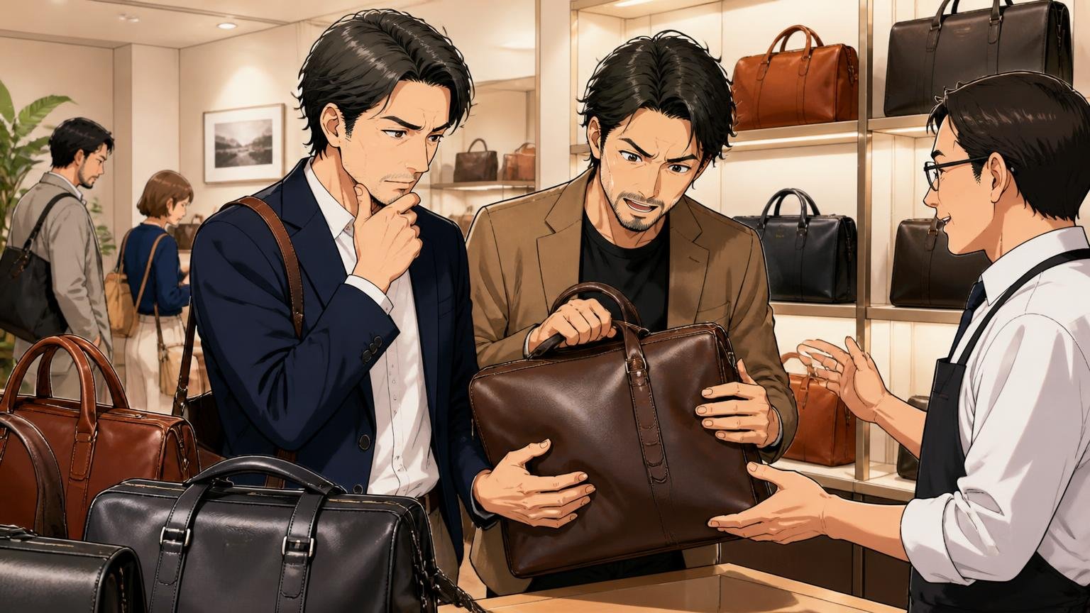 革の質感と品格を優先したい40代が見比べている、日本製メンズ革バッグブランド3選　ショールームで店員と革バッグの質感を確かめる40代男性の2人