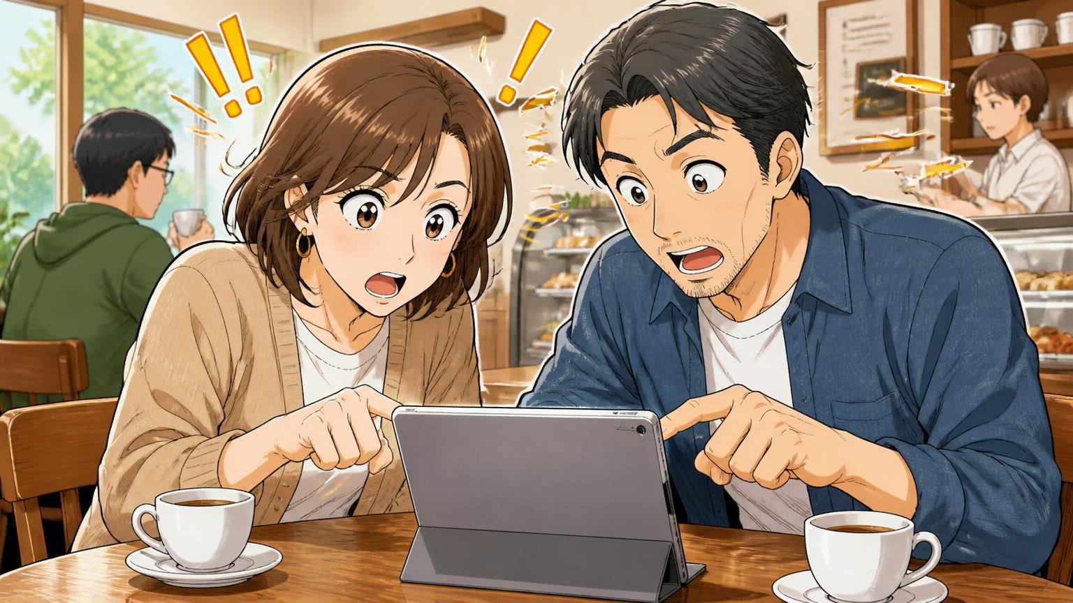 ★の数より「何年使った人の声か」を見る、カフェのテーブルで30代女性と40代男性の2人がタブレットのレビューを指さしてハッとする場面