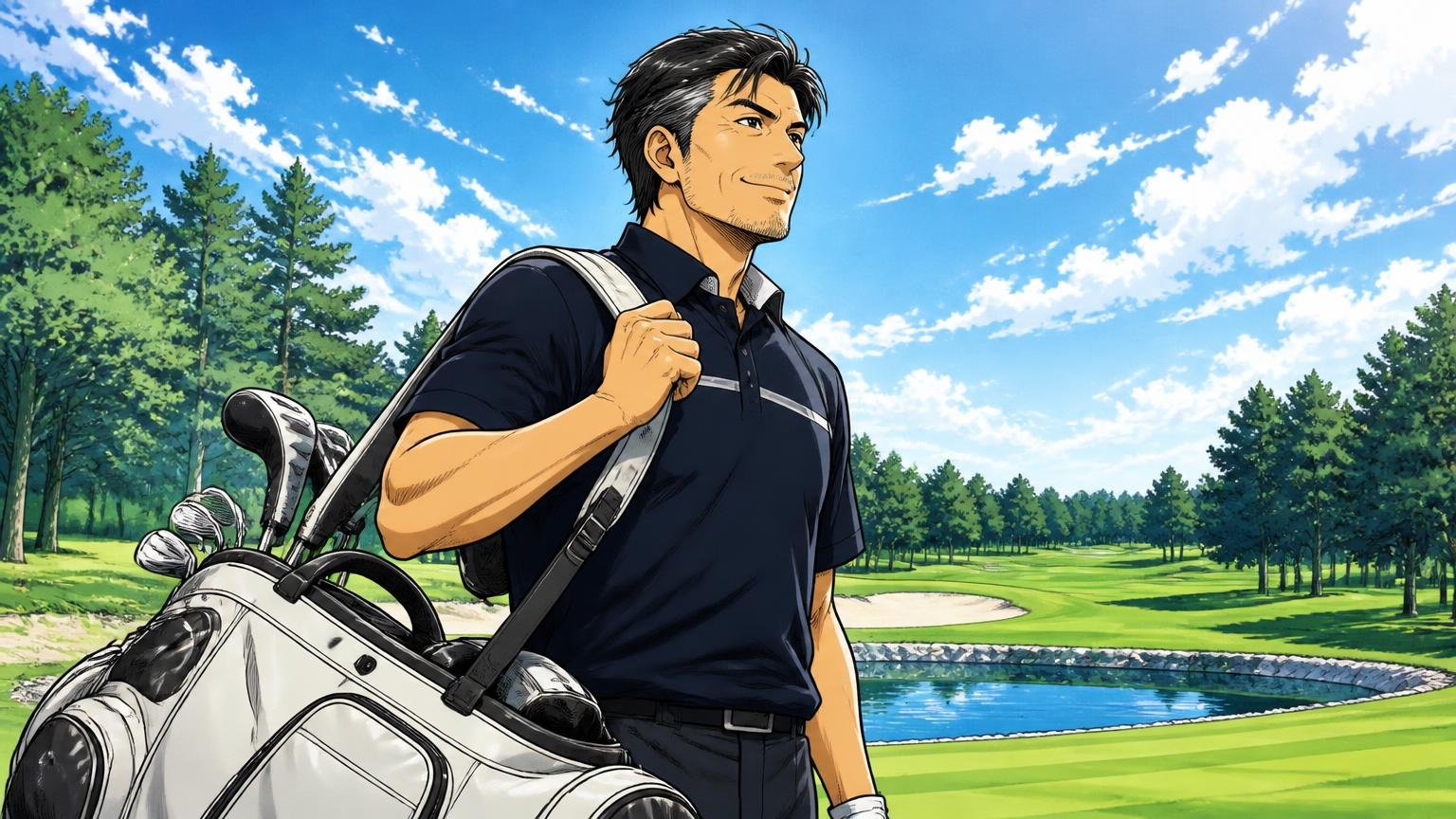 向いている人：ロゴより質で選びたい、人と被りたくない、セルフプレーも雨の日も楽しむ人 ゴルフ場でキャディバッグを誇らしげに担ぐ40代男性1人
