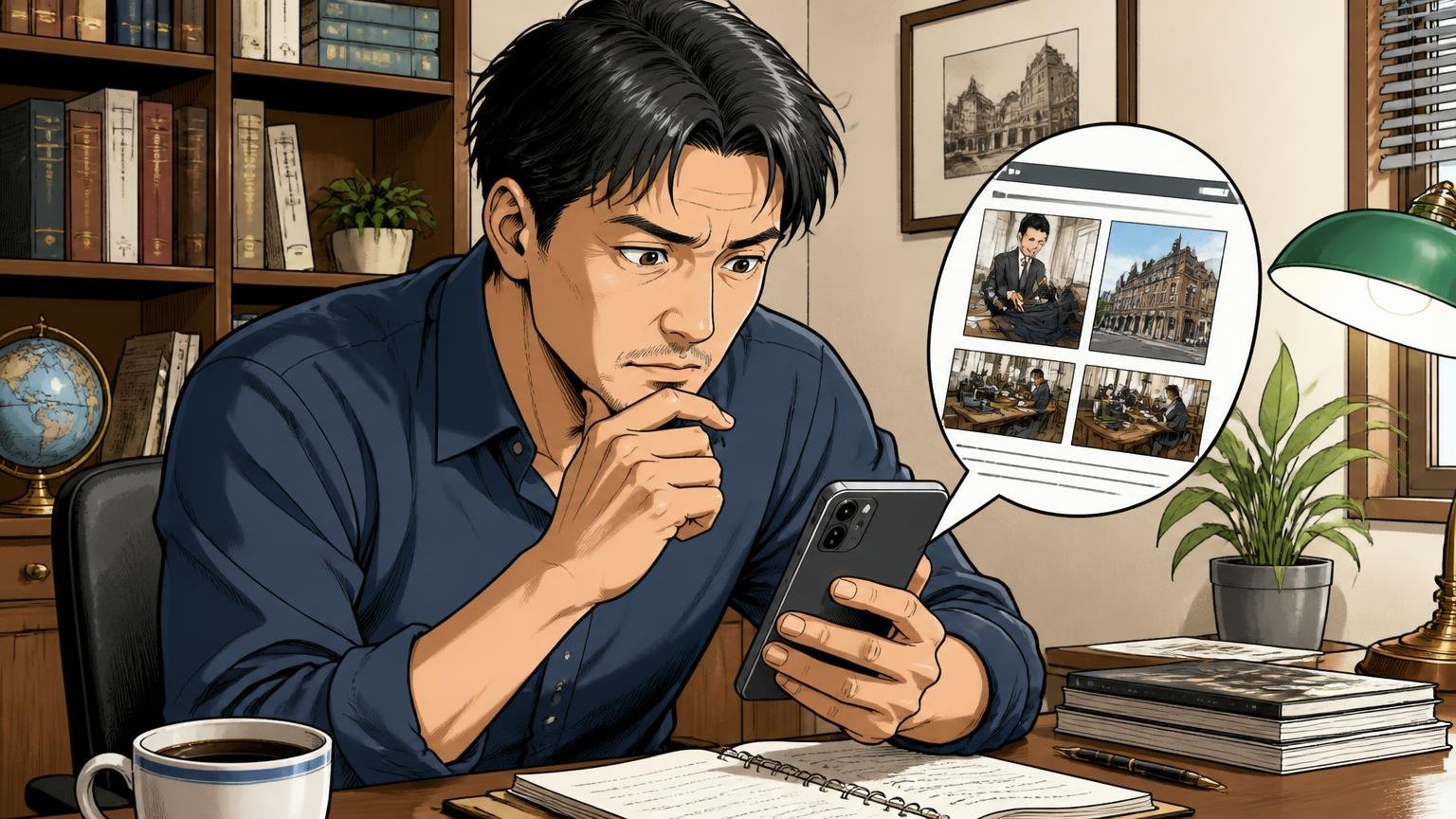「誰が、どこで仕立てたか」を公式サイトで確かめる、書斎でスマホの公式サイトを真剣に読む40代男性の場面