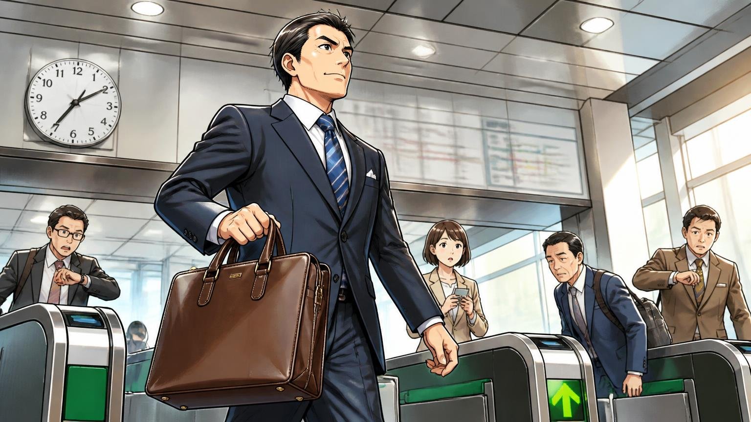 ソメスサドルが向いている人 朝の駅の改札前でスーツ姿の40代男性が革のビジネスバッグを手に胸を張って歩き出す場面