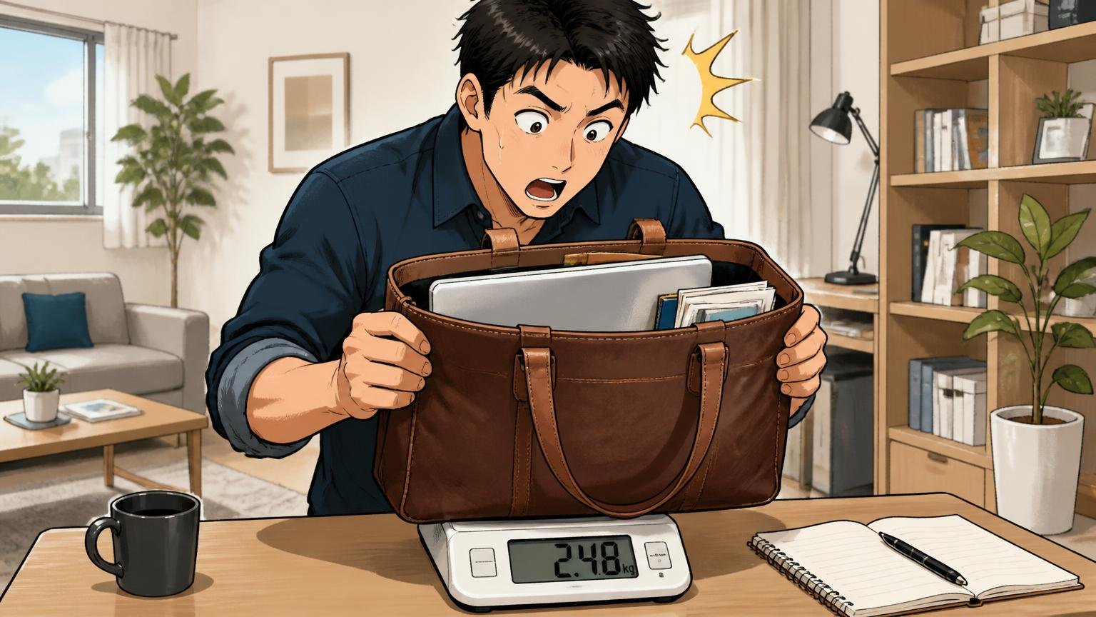 重さとサイズは「公式の数字」で確認する。自宅で男性が革トートにノートPCと書類を入れて重さを確かめる場面