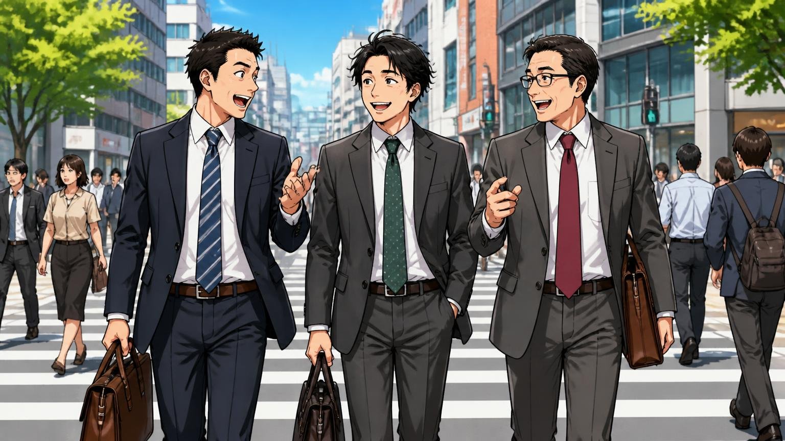 年齢層はどちらも「30〜40代が中心」と言われている、駅前の交差点で革のビジネスバッグを持つ30代と40代の会社員3人が並んで歩き談笑する