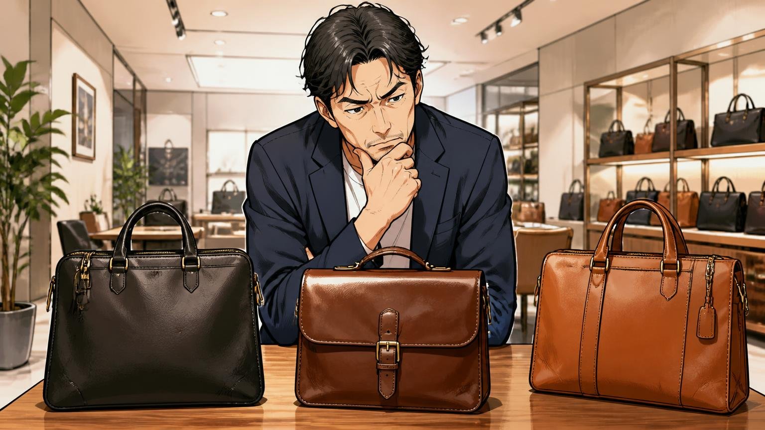最終候補に残した日本製メンズ革バッグブランド3選 ショールームで3つの革バッグを並べて見比べる40代男性1人が真剣に悩む場面