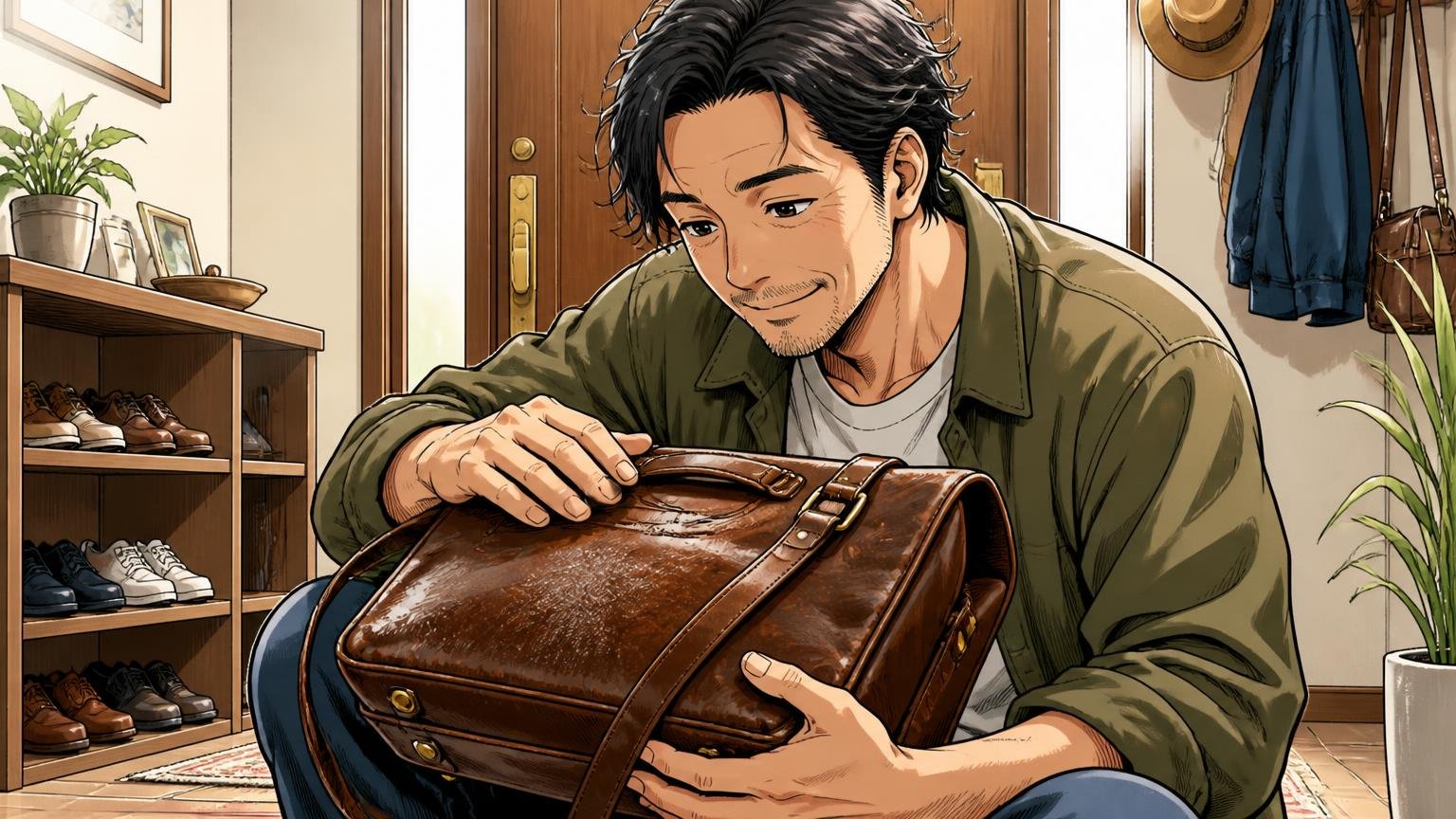 向いている人｜10年単位で、直しながら付き合いたい 自宅の玄関で使い込んだ革バッグを撫でる40代男性が満足げに微笑む場面