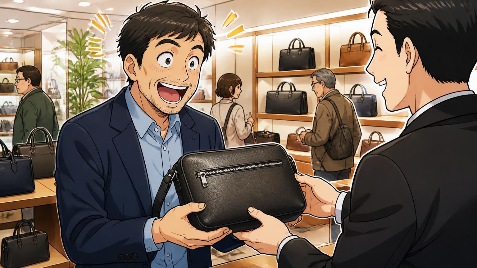 定番ナイロンより、革素材や落ち着いたラインを選ぶ 百貨店のバッグ売り場で40代男性1人が店員1人から黒い革のショルダーバッグを受け取り目を輝かせる場面