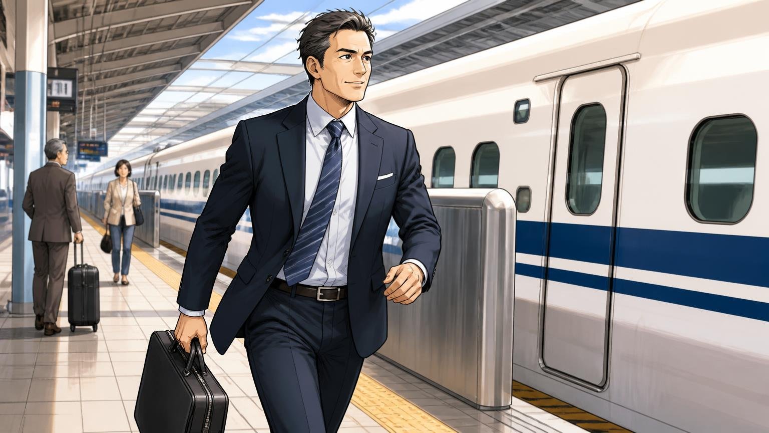 ポーターが向いている人 新幹線のホームで軽いブリーフケースを手に颯爽と歩くスーツ姿の40代男性1人